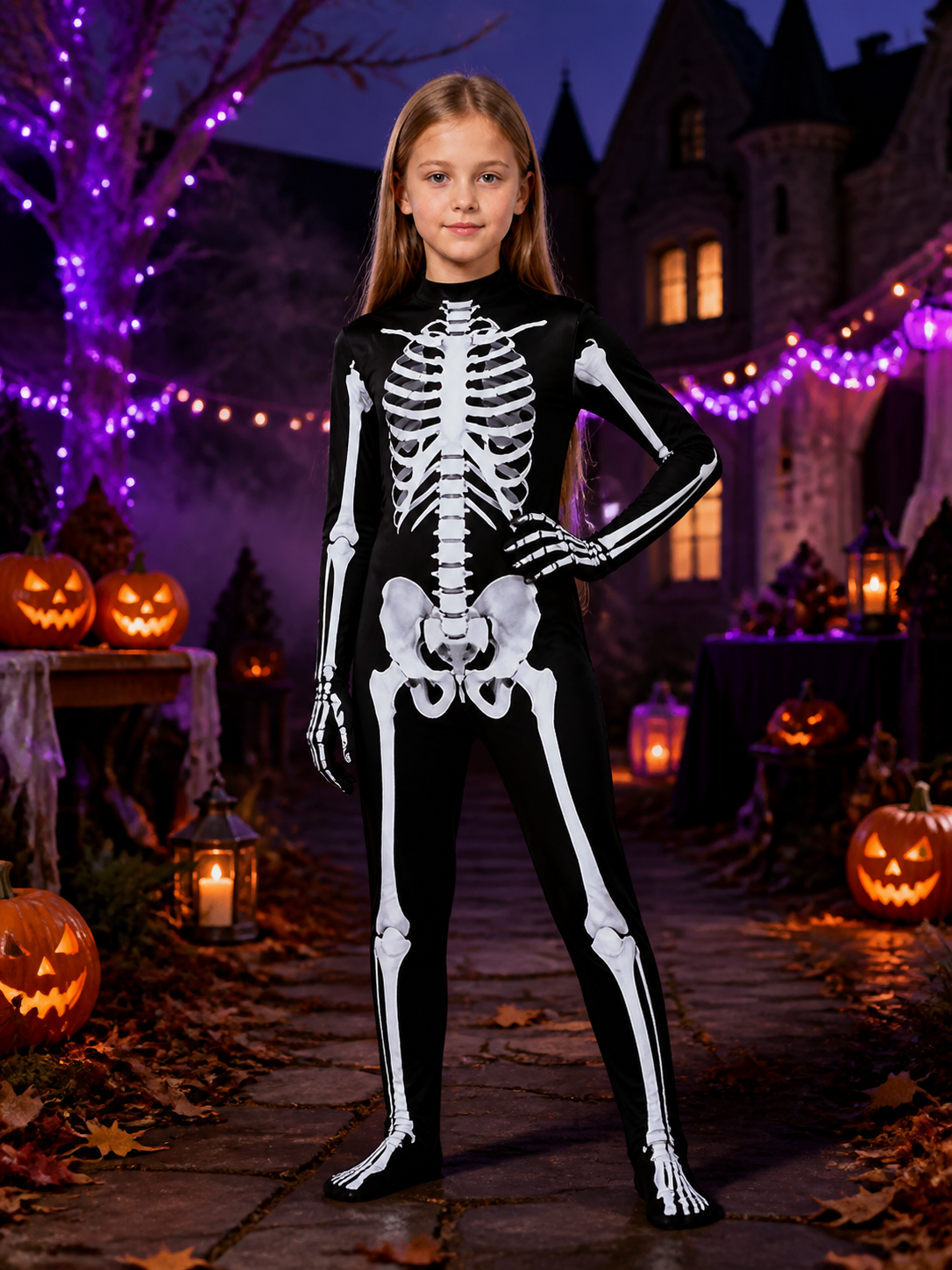 Halloween Skeleton Jumpsuit Costume, Black With White Bone Print Costumes detail 2
