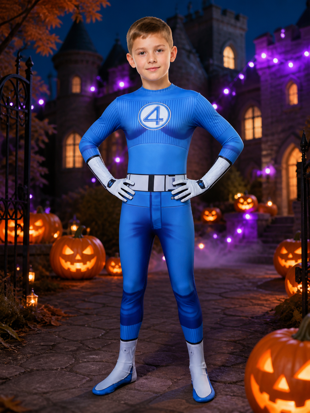 Mr. Fantastic Blue Bodysuit Halloween Costume with White Waist Stripe and Number on-model Halloween scene view