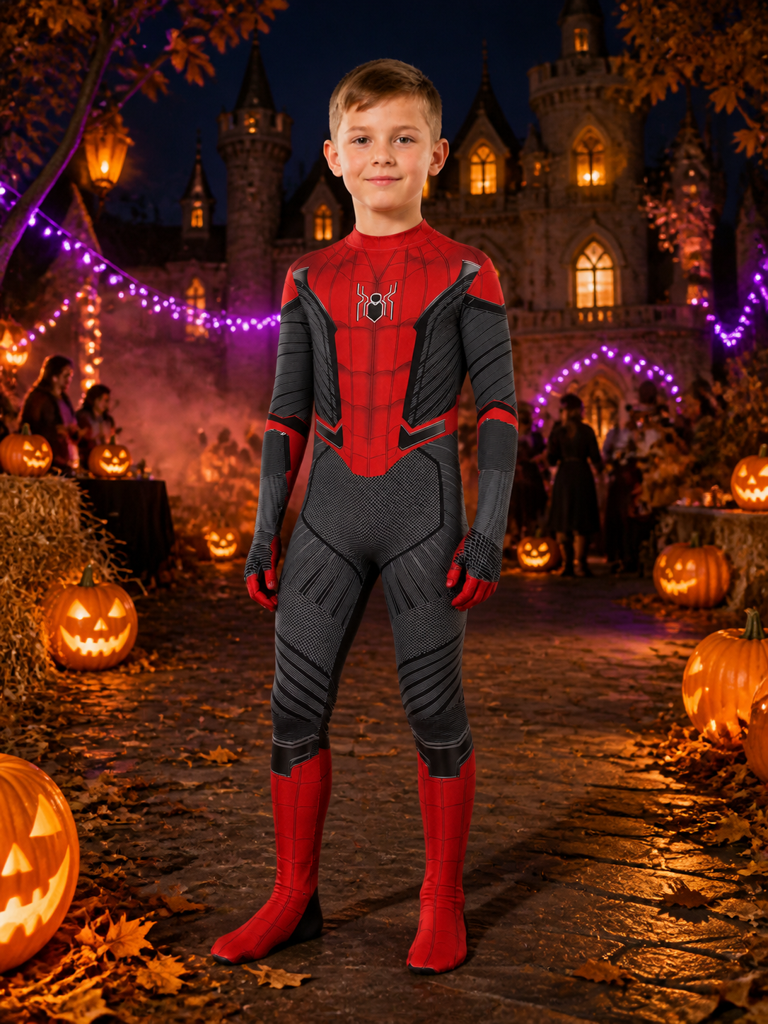 Red and Black Spider-Themed Full-Body Jumpsuit Costume, Head-Covering Design Costumes detail 2