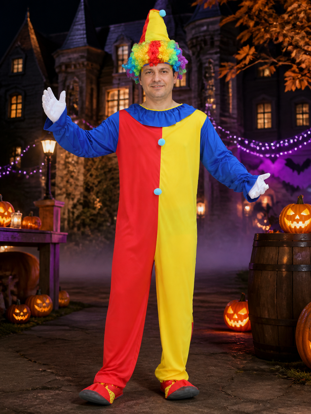 Halloween Adult Unisex Clown Costume Set with Red-Yellow Jumpsuit and Hat Costume Headwear detail 2