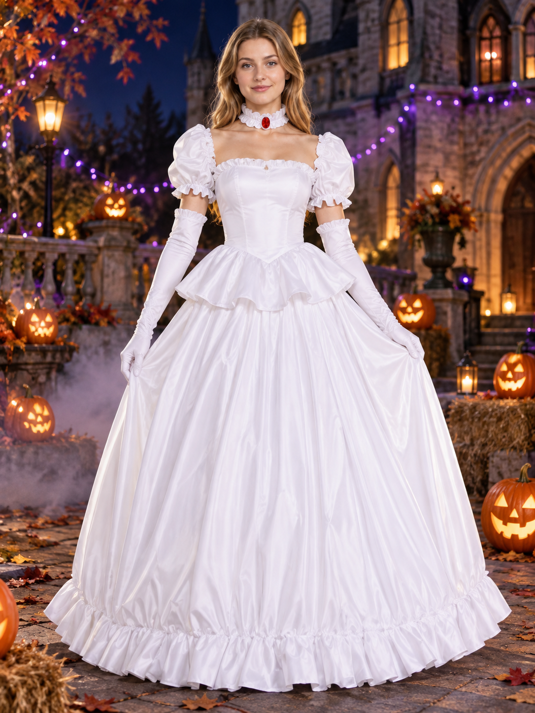 White Satin Cosplay Costume with Gloves and Choker