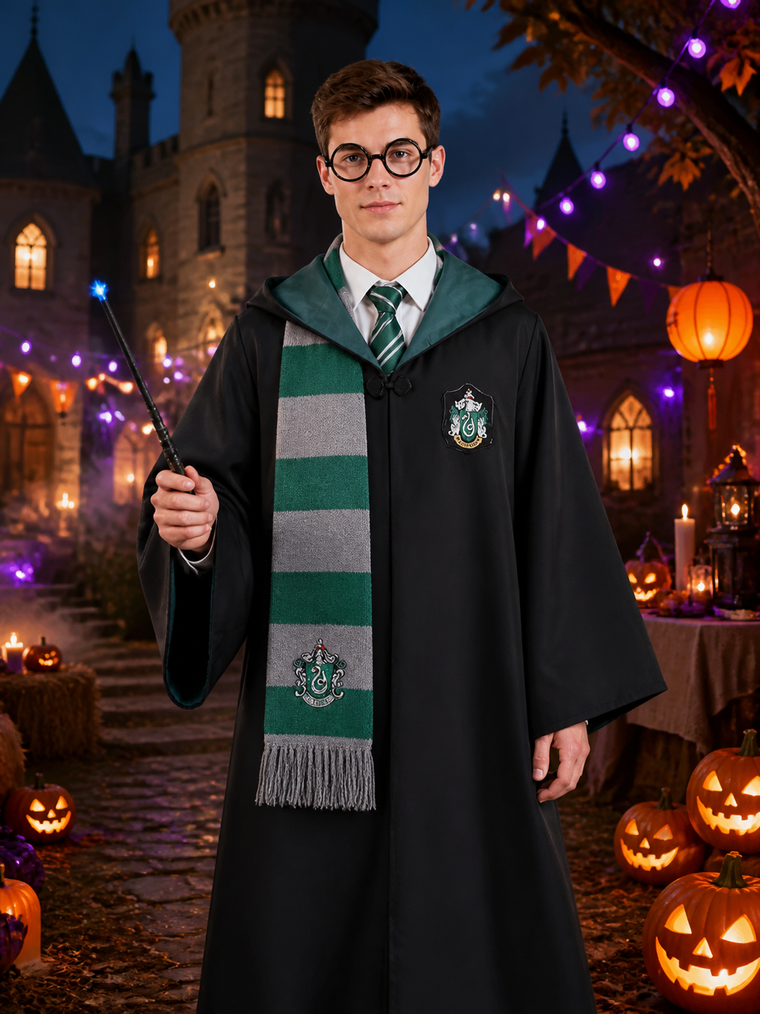 Slytherin Wizard Costume Set, Hooded Black Robe With Scarf, Tie, Glasses And Costumes detail 2