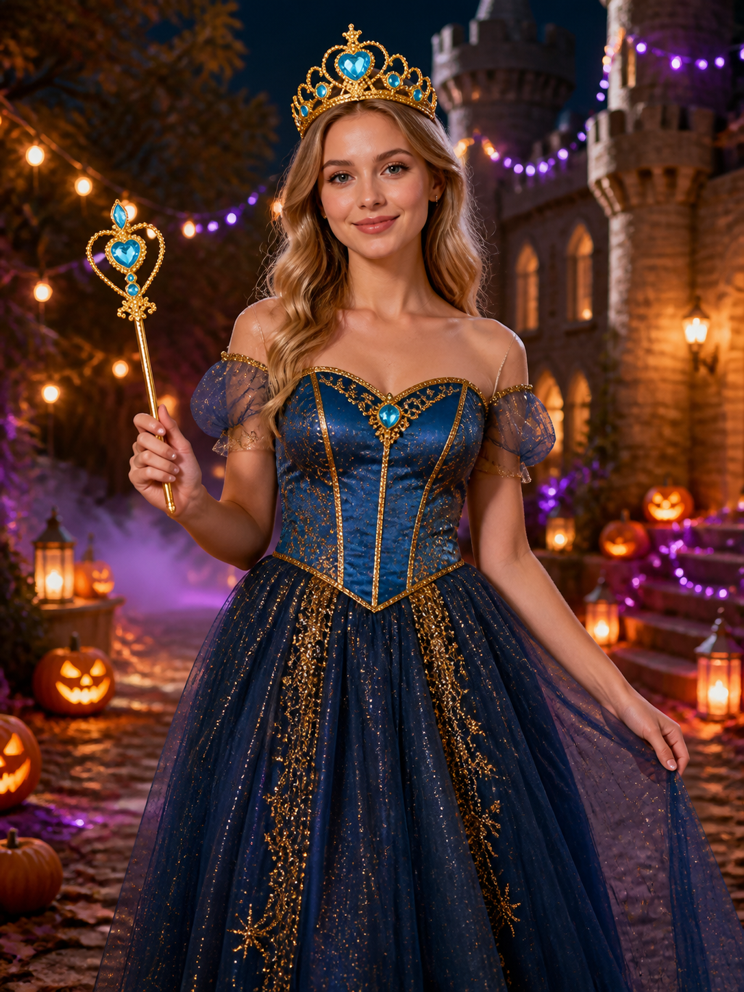Princess Crown and Magic Wand Set, Blue Gold Heart Gems Costume Accessory on-model Halloween scene view