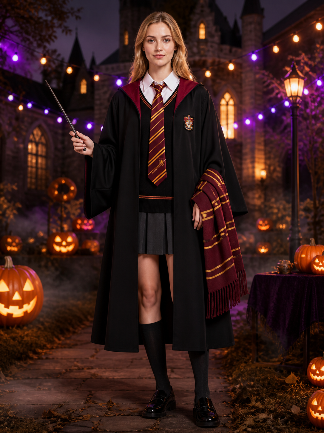 Children's Academic Wizard Robe Costume Set With Striped Tie, Scarf & Wand Costume Accessories detail 2