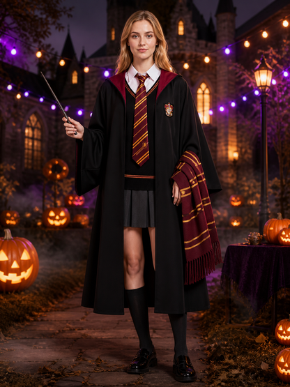Children's Academic Wizard Robe Costume Set With Striped Tie, Scarf & Wand Costume Accessories detail 2
