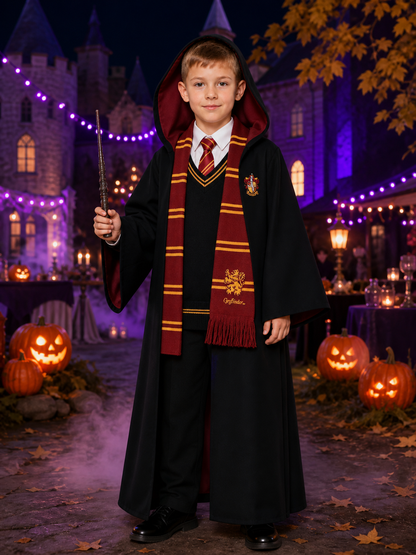 Hooded Wizard Robe Costume Set With School Crest, Tie, Scarf, Vest And Wand Costume Accessories detail 2