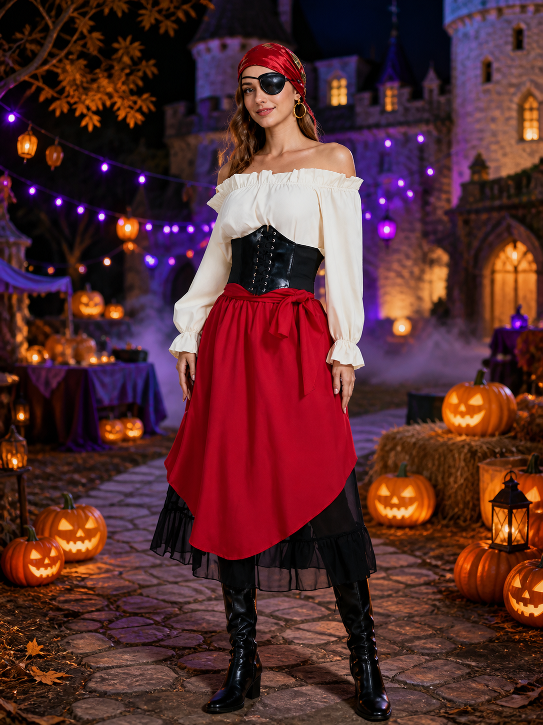 Women's Pirate Halloween Costume Set With Off-Shoulder Top And Asymmetric Red Costumes detail 2