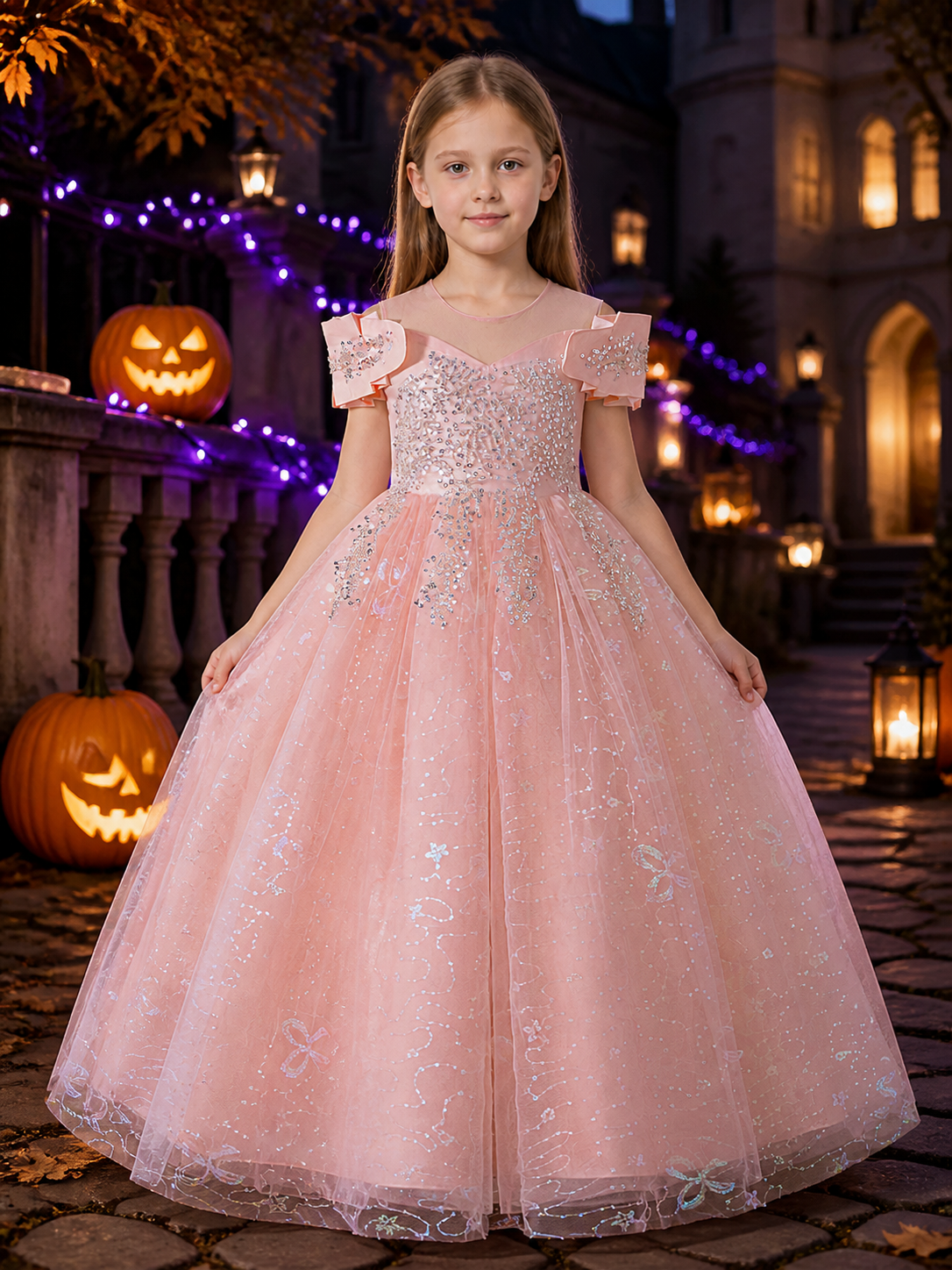 Girls' Pink Princess Dress, Sequined Ruffle-Sleeve Long Formal Gown Costume Dresses detail 2