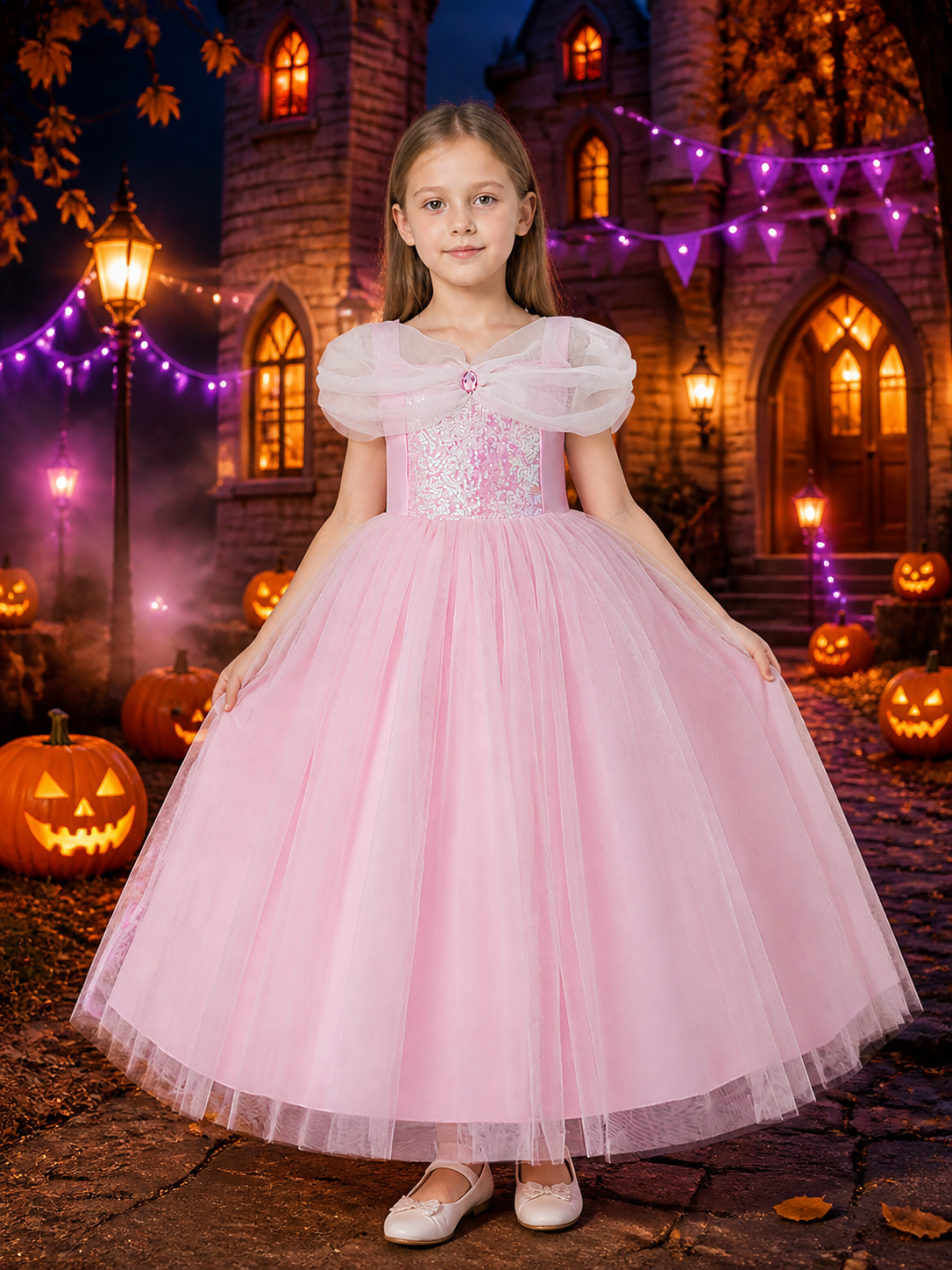 Girls' Pink Princess Costume Dress, Sequined Off-Shoulder Layered Tulle Gown Costume Dresses detail 2