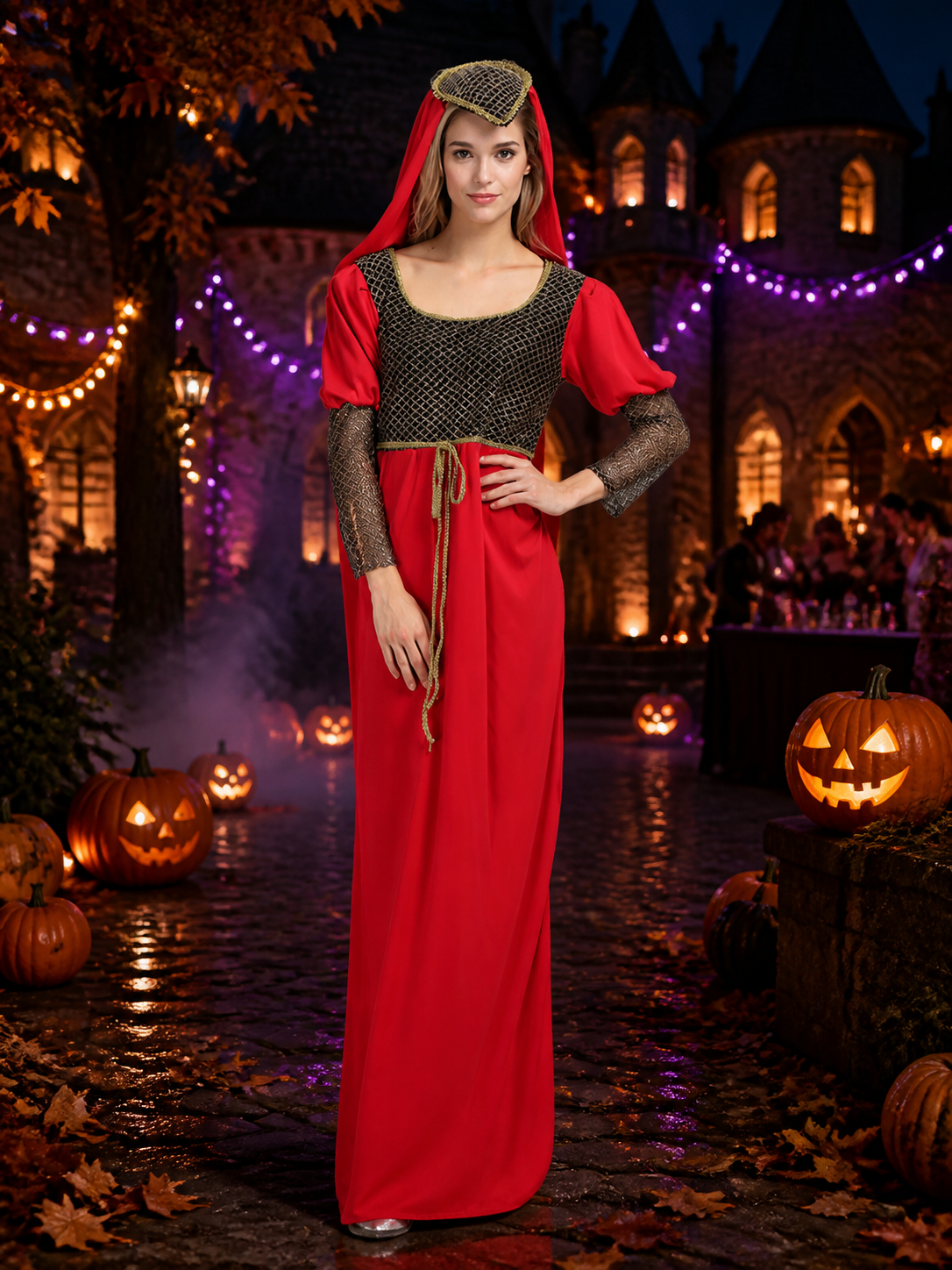 Red Princess Costume Dress with Headpiece, Mesh and Gold Trim for Halloween Costume Dresses detail 2