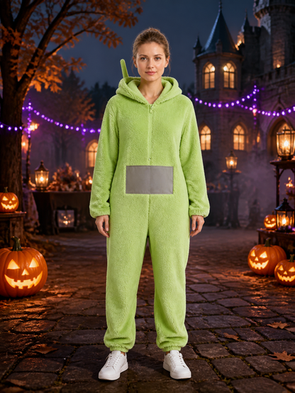 Adult Funny Cartoon Character Light Green Hooded Jumpsuit with Antenna and Gray product detail 2