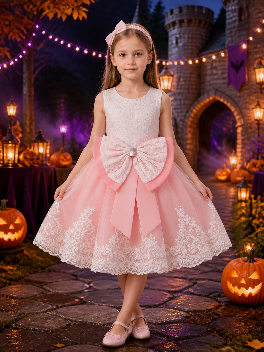 Baby Girls' Pink and White Lace Princess Dress Set with Bow, Tulle Skirt Costume Dresses detail 2