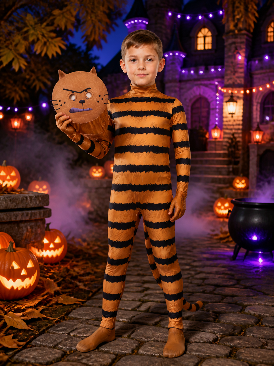 Kids Pet Cat Costume, Orange Black Striped Jumpsuit with Mask, Halloween Cosplay on-model Halloween scene view