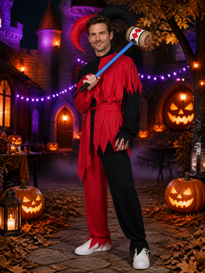 Unisex Red Black Jester Costume Jumpsuit, Hooded with Ruffled Trim, Halloween Costumes detail 2