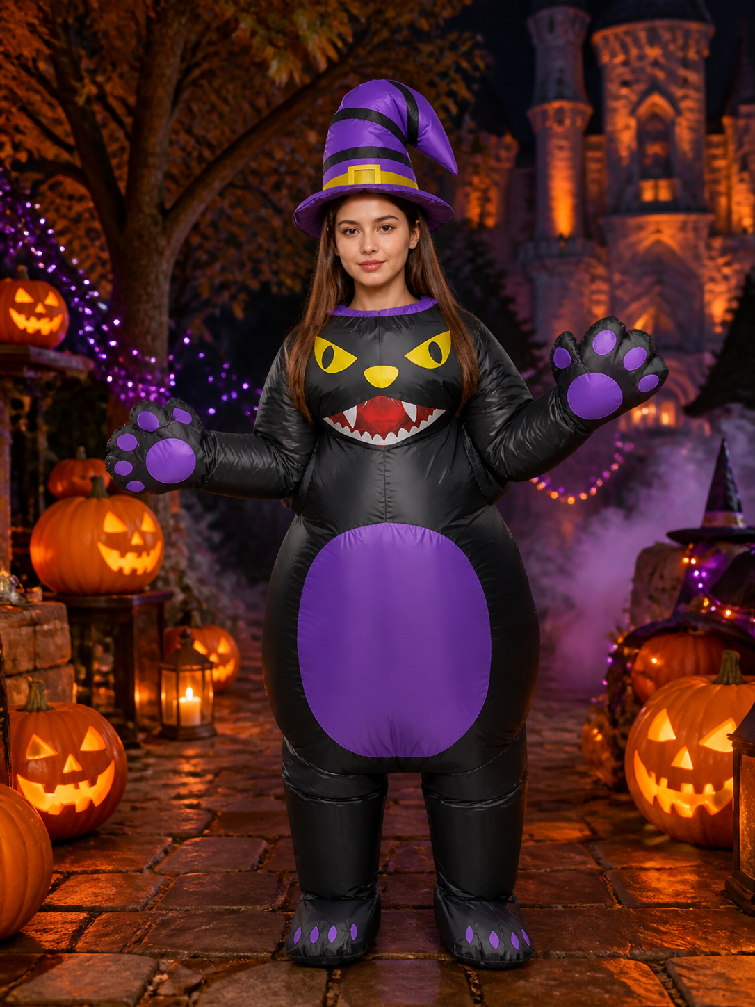Halloween Cat Animal Jumpsuit Costume With Witch Hat Costume Headwear detail 2