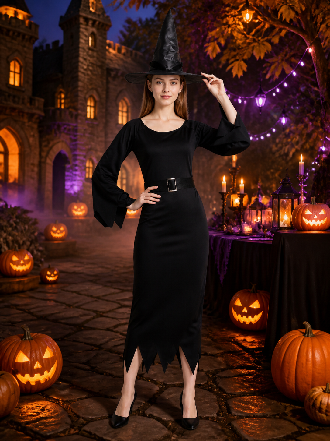 Black Witch Costume with Hat for Halloween Costume Headwear detail 2