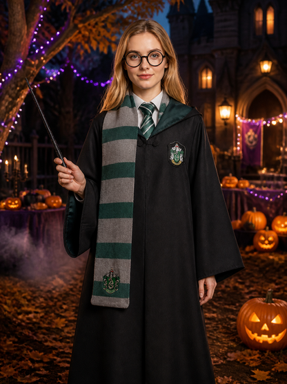 Slytherin Wizard Robe Costume Set for Halloween with Scarf, Tie, Glasses & Wand
