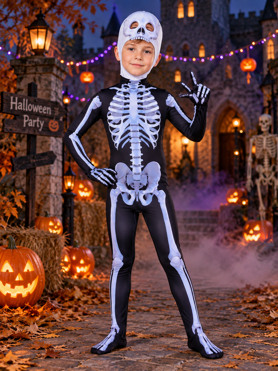 Black Skeleton Costume with White Bone Print and Mask