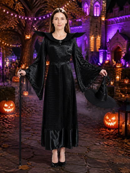 Black Witch Costume Set with Hat, Long Sleeve Flare Dress Costume Dresses detail 2
