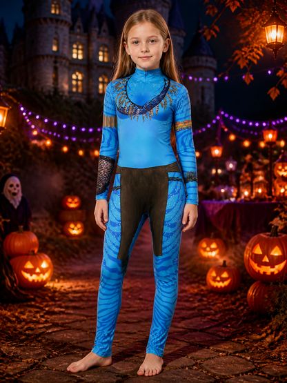 Kids Blue Striped Bodysuit Costume, High Collar Long Sleeve, Halloween Outfit Costumes detail 2
