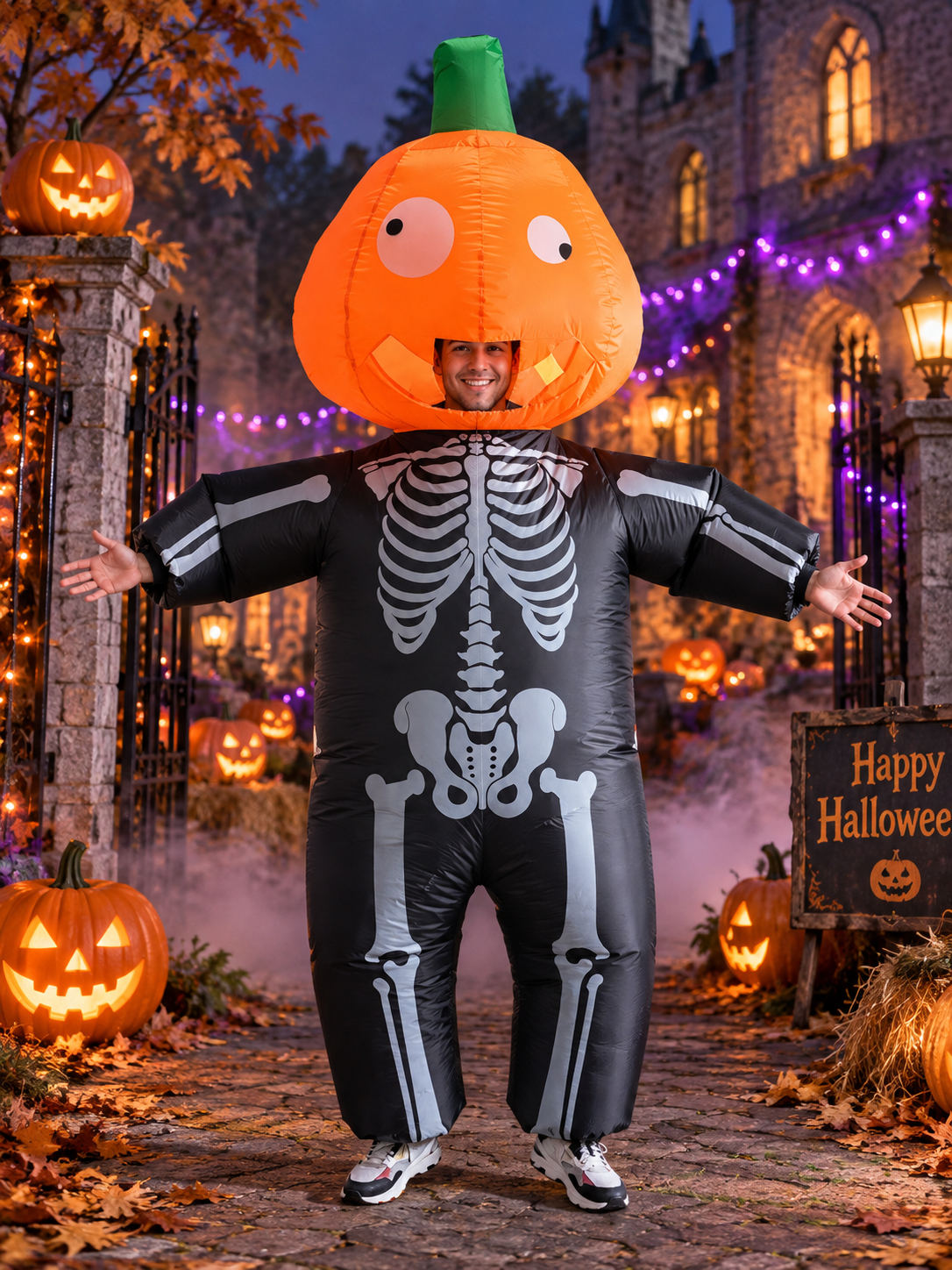 Inflatable Pumpkin Skeleton Print Carnival Costume