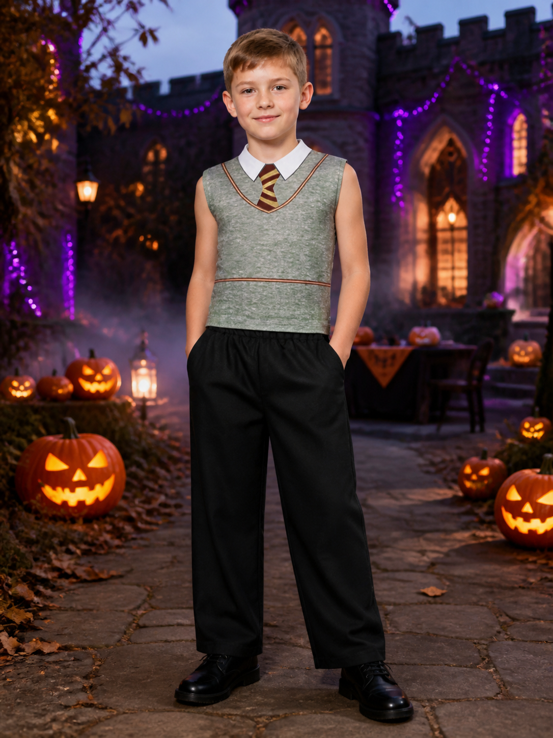 Children's Wizard Costume Set with Gray Sleeveless Top, Black Pants and Red-Gold Costumes detail 2