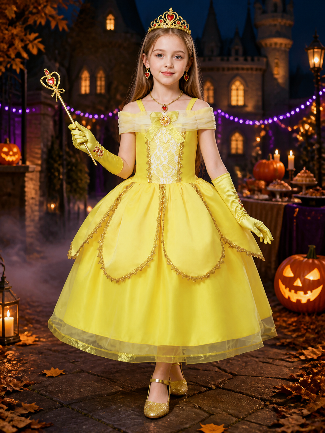 Girls Yellow Princess Off-Shoulder Tutu Dress Costume Set for Halloween Costume Dresses detail 2