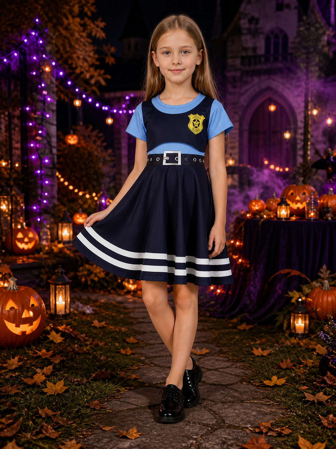 Kids Police Officer Costume Dress with Badge Print and White Stripes on-model Halloween scene view