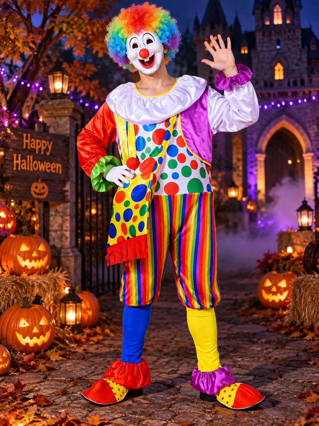 Clown Costume with Wig and Mask, Multicolor Jumpsuit