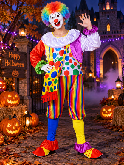 Clown Costume with Wig and Mask, Multicolor Jumpsuit