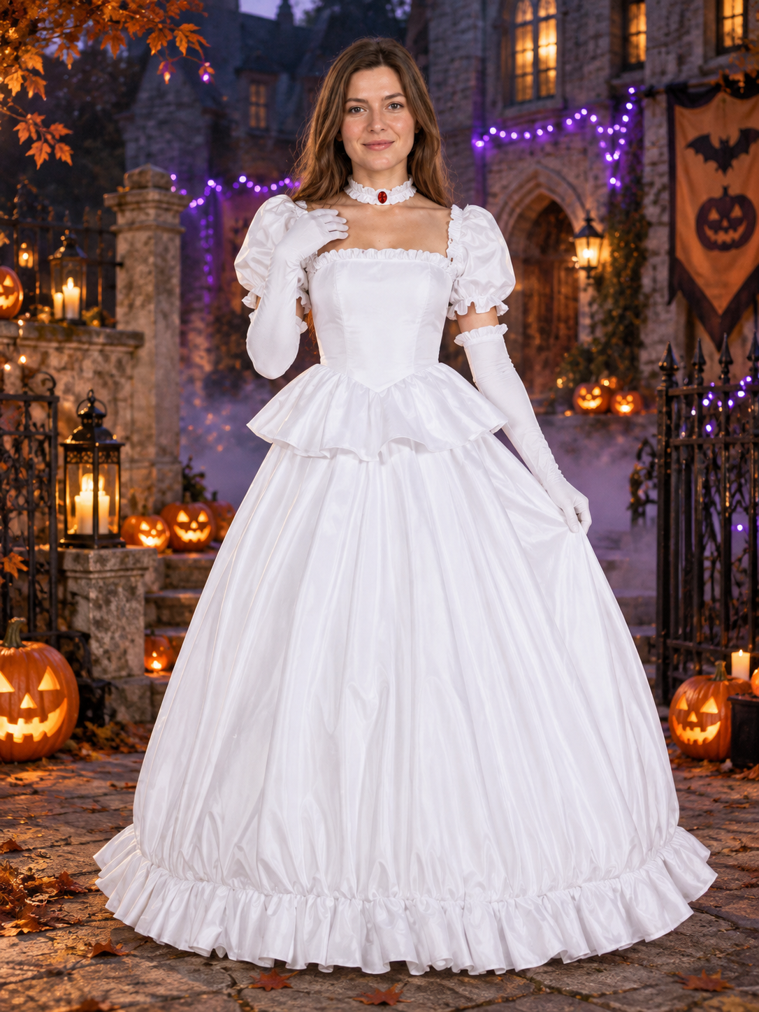cosplay costume white dress with gloves and necklace