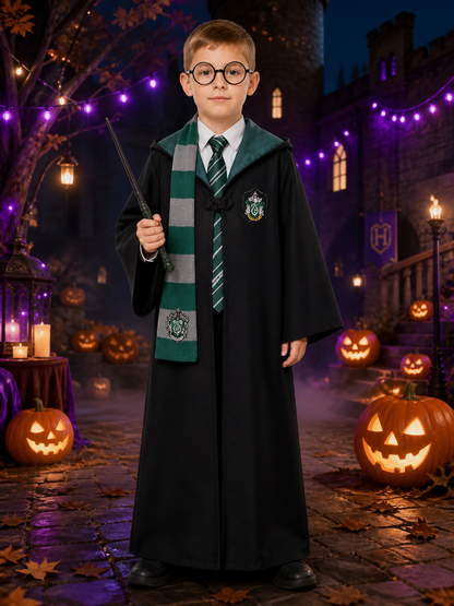Slytherin Themed Wizard Costume Set: Dark Green Hooded Robe, Scarf, Tie, Glasses Costumes detail 2