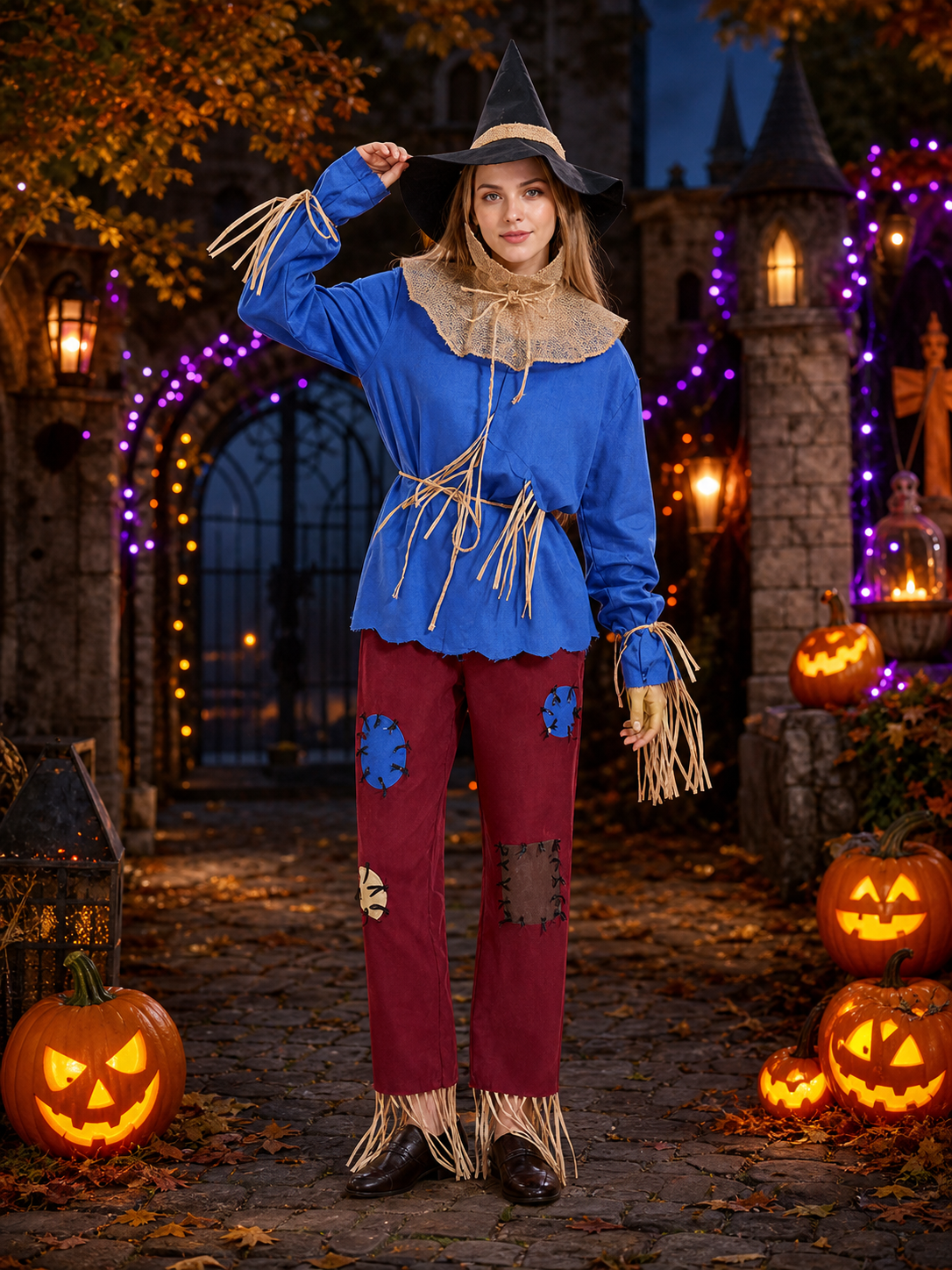 Blue and Burgundy Scarecrow Witch Costume Set with Hat and Fringe Details Costume Headwear detail 2