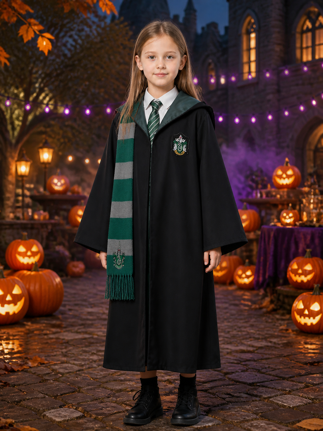 Wizard Robe Costume Set with Hood, Tie and Scarf, Green and Gray Striped Costumes detail 2