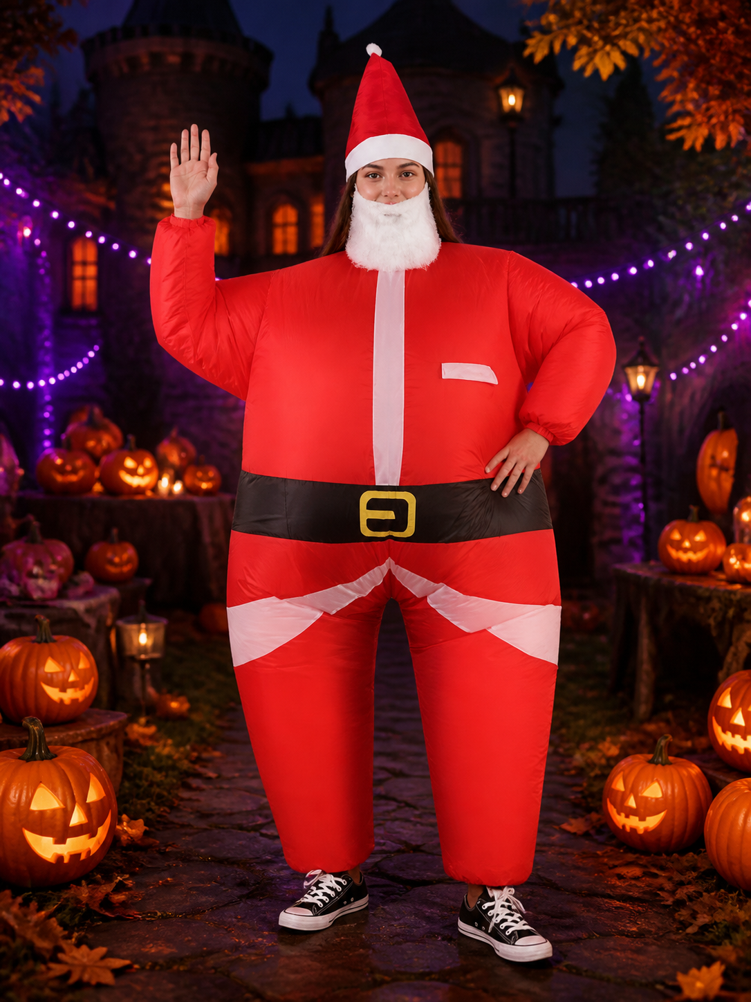 Red Santa Claus Costume Jumpsuit for Adults with Hat and White Beard Costume Headwear detail 2