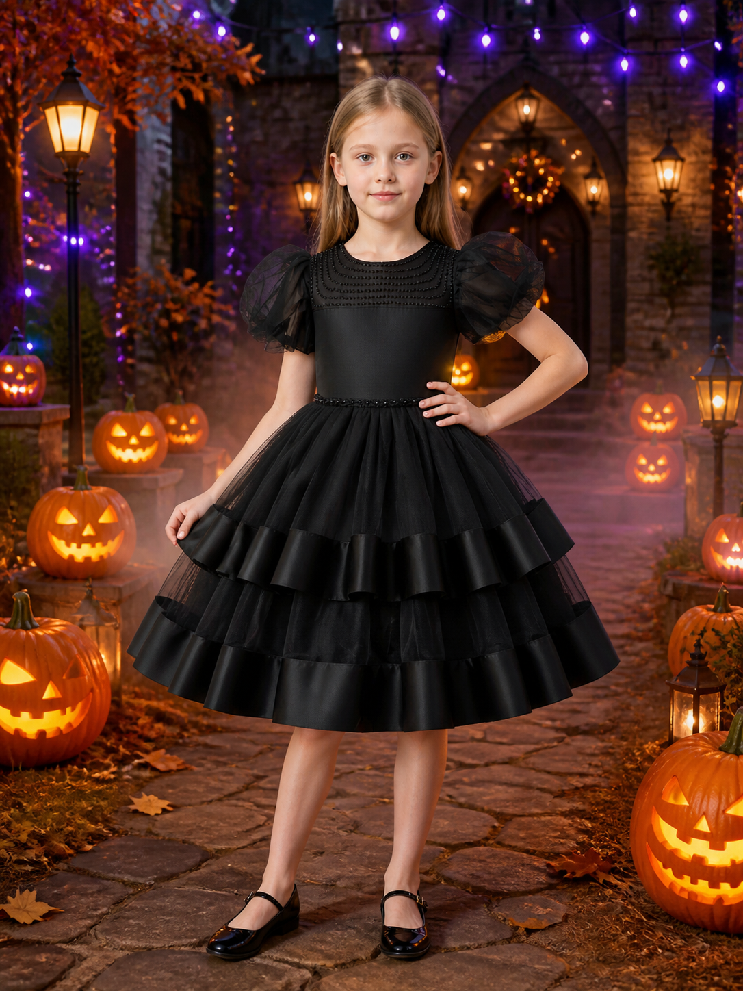 Girls' Black Princess Dress, Beaded Puff Sleeve Layered Formal Gown Costume Dresses detail