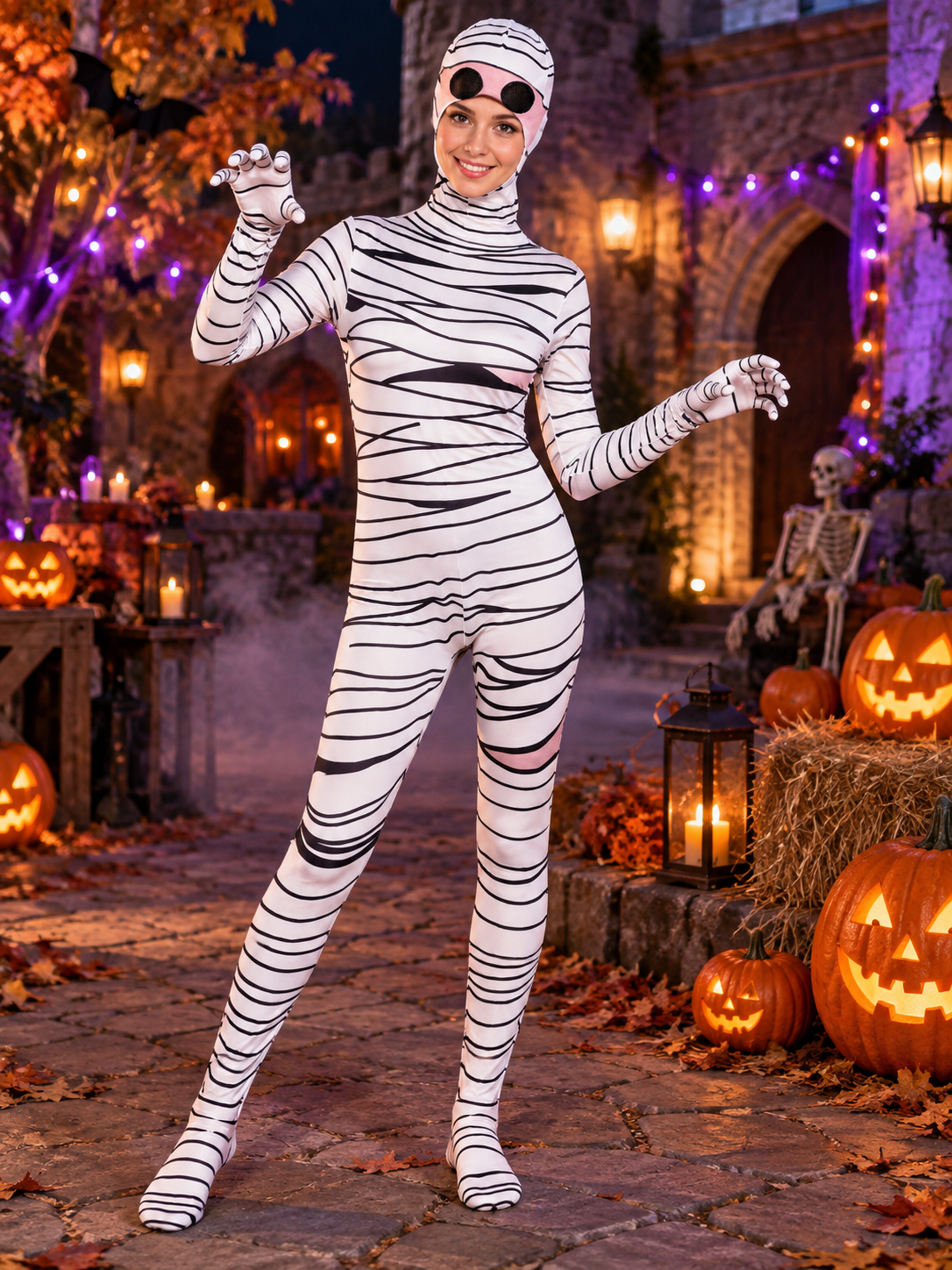 Mummy Costume with Bandage Print, White, with Headpiece