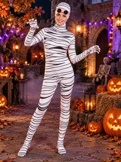 Mummy Costume with Bandage Print, White, with Headpiece