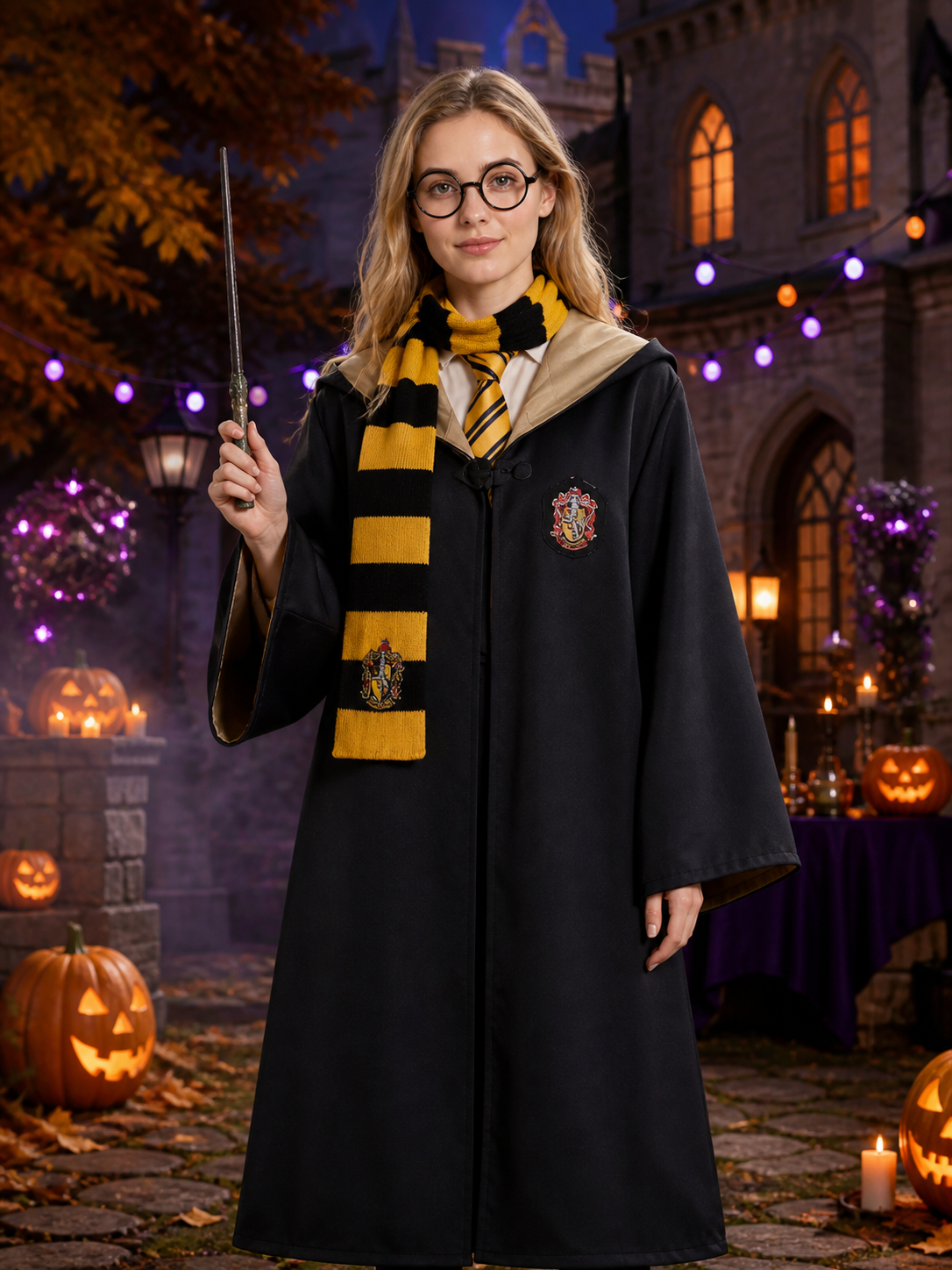 Hufflepuff Wizard Costume Set with Robe, Scarf, Tie, Glasses and Wand - Black Costume Accessories detail 2