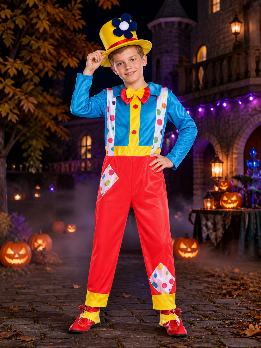 Boys' Colorful Clown Circus Costume Set with Jumpsuit and Tall Hat Costume Headwear detail 2
