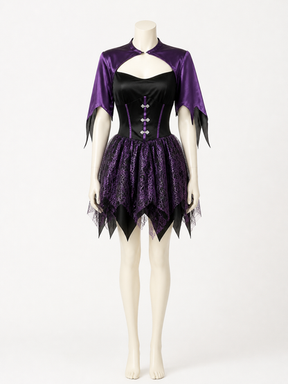 Gothic Witch Costume Dress, Black And Purple Spiderweb Asymmetrical Skirt Costume Dresses detail 2