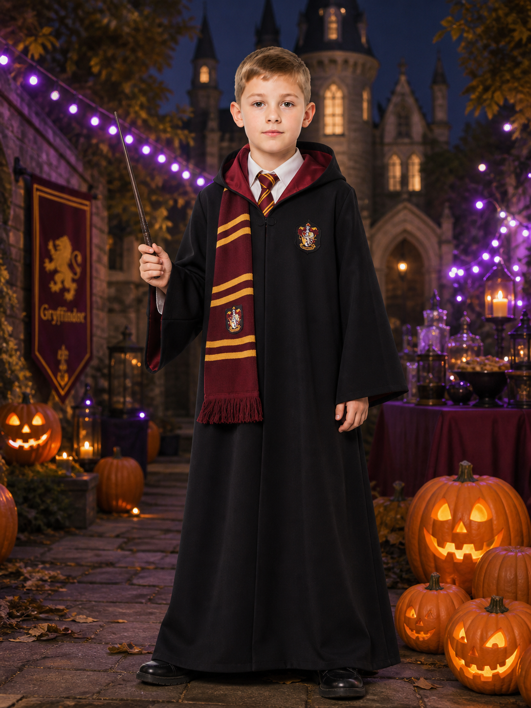 Black Wizard Robe Costume Set With Hooded Cloak, Tie And Tassel Scarf Costume Capes detail 2