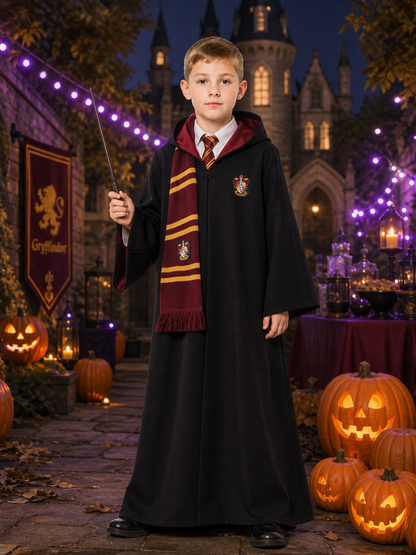 Black Wizard Robe Costume Set With Hooded Cloak, Tie And Tassel Scarf Costume Capes detail 2