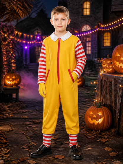 Yellow Clown Jumpsuit Costume, Red-White Striped Sleeves, Halloween Cosplay Costumes detail 2