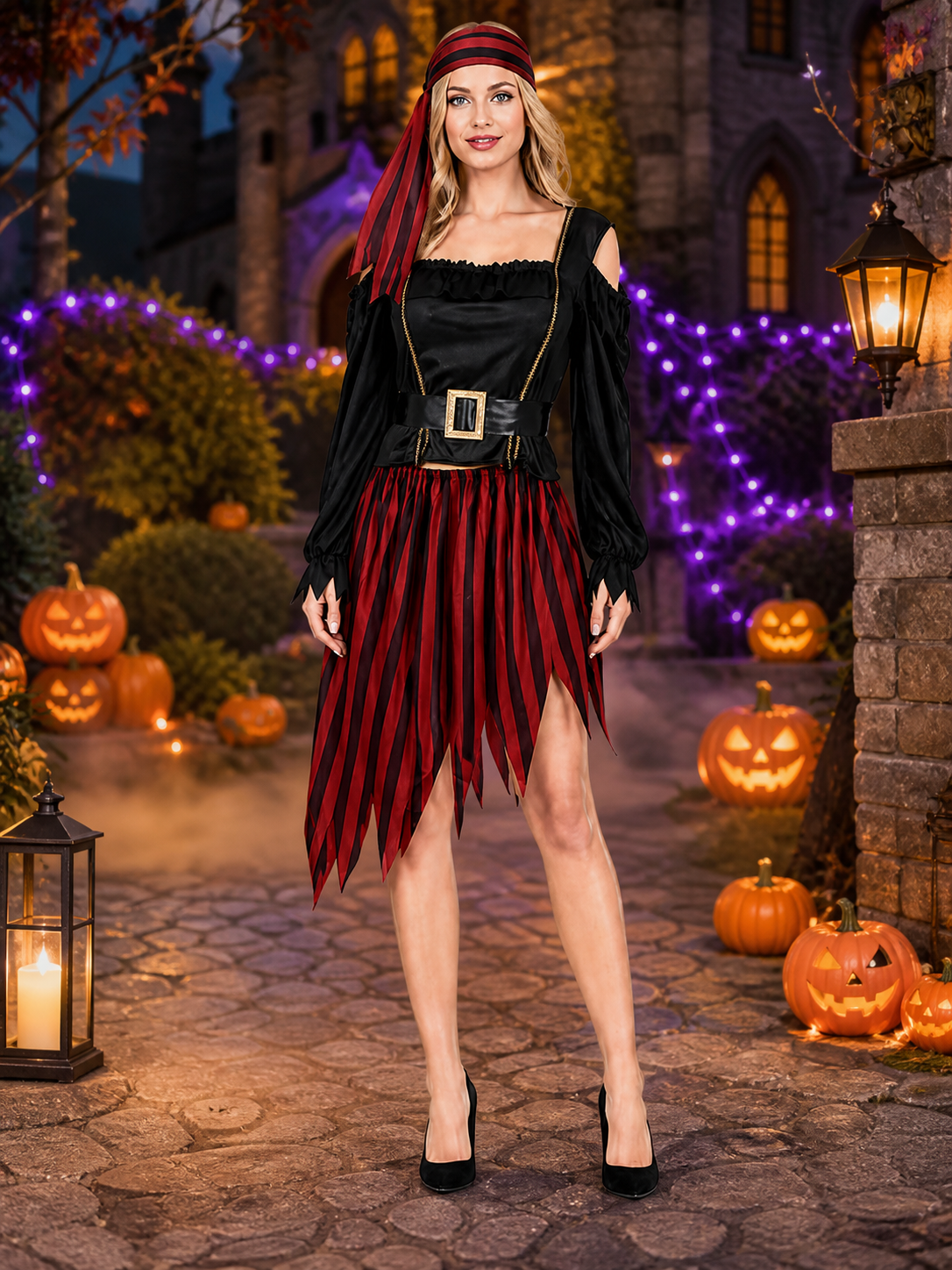 Adult Pirate Costume Set with Red and Black Striped Skirt and Off-Shoulder Top Costumes detail 2