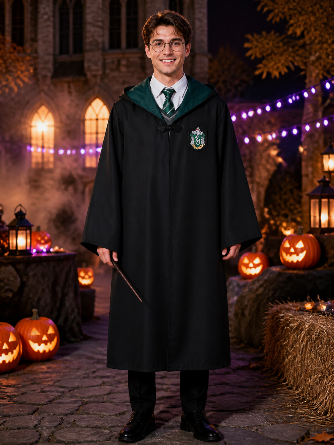 Kids Wizard Costume Set - Hooded Robe with House Crest, Scarf, Tie, Glasses Costumes detail 2