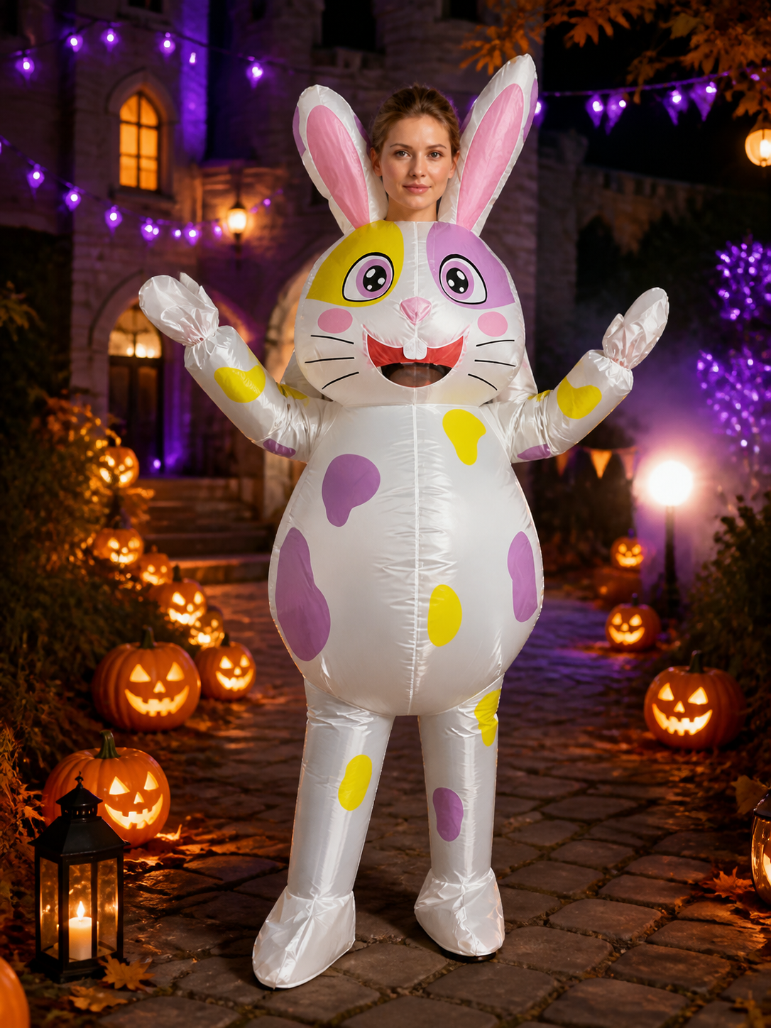 Inflatable Rabbit Costume with Colorful Patches for Halloween Party Costumes detail 2