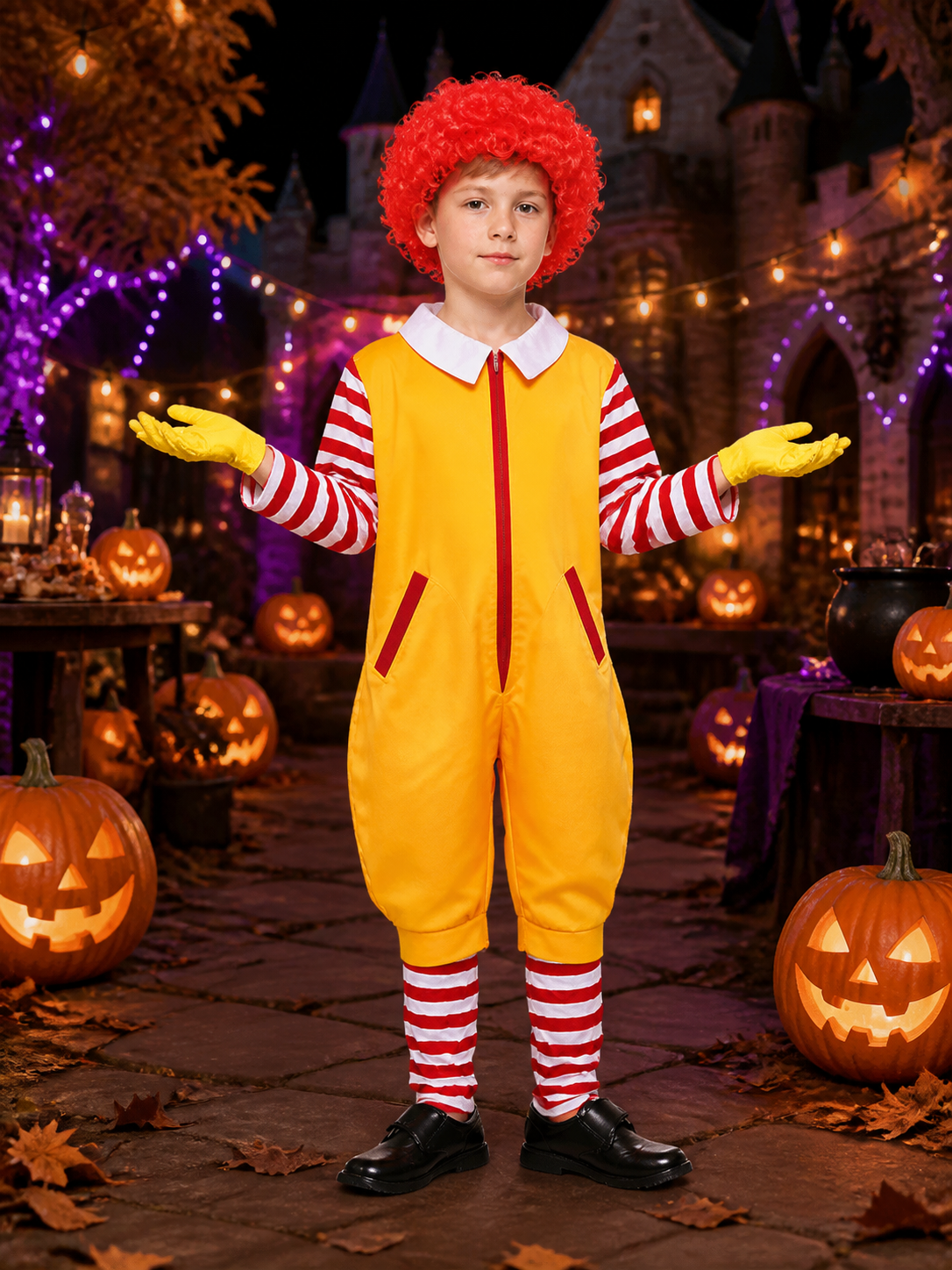 Yellow Clown Jumpsuit Costume With Red and White Striped Sleeves and Legs Costumes detail 2