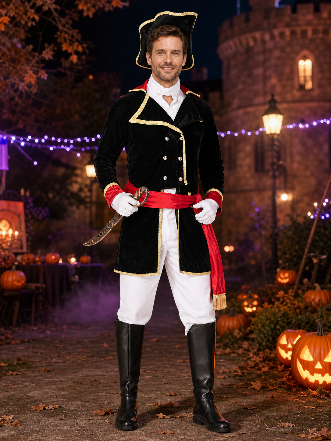 Adult Pirate Captain Halloween Costume Set With Hat, Coat, Tie, Gloves, Belt And Costume Headwear detail 2