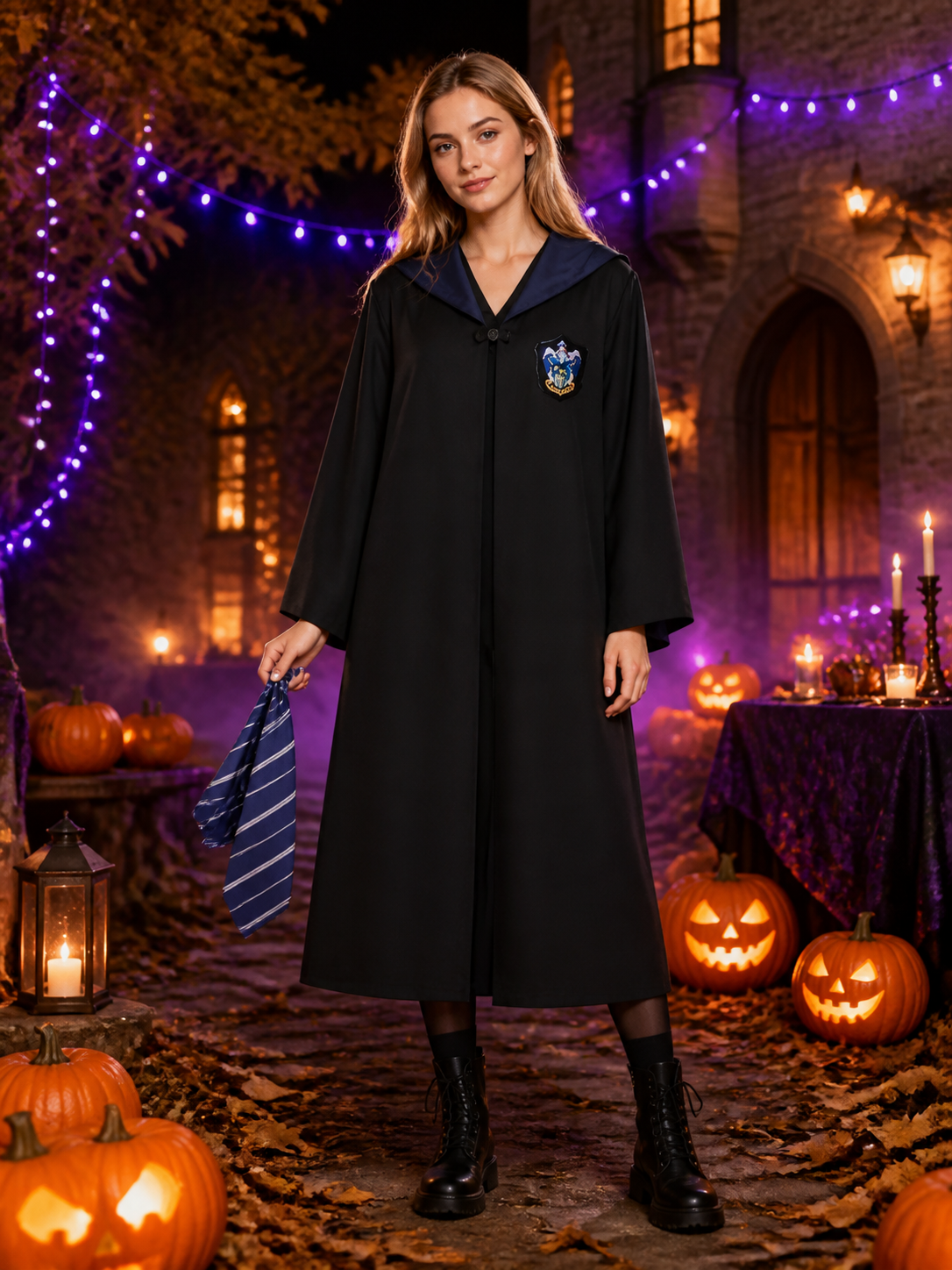 Wizard Robe Costume Set, Long-Sleeve Black Cloak With Blue-White Striped Tie Costume Capes detail 2
